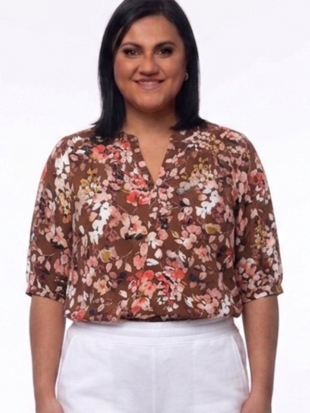 torrid Brown Floral Split V-Neck Blouse with Pink and Cream Blooms